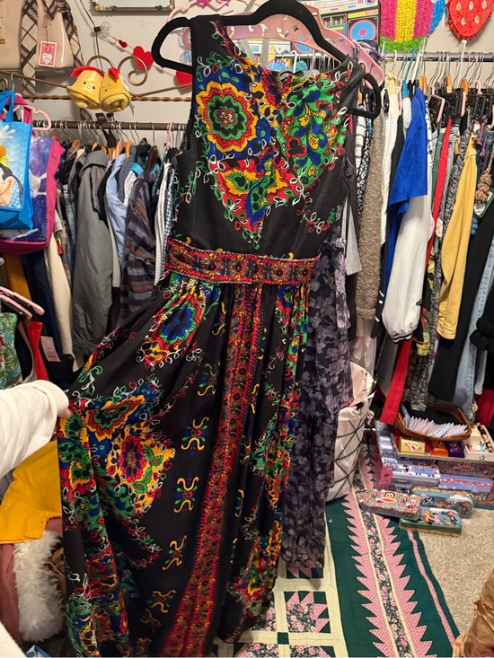 Vintage Dresses & Skirts - Vintage Seventies Black Maxi Dress with Multicolor Glitter Montgomery Ward